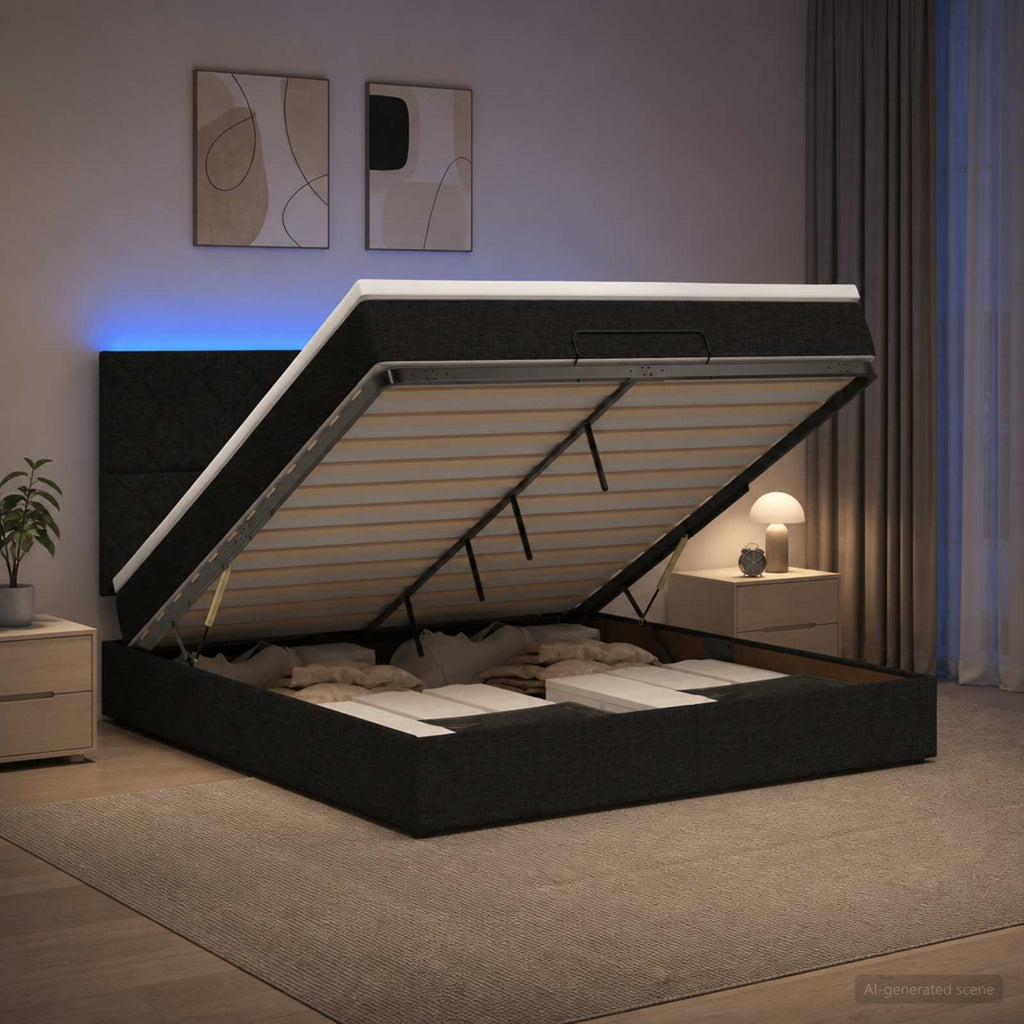 vidaXL Łóżko z pojemnikiem i materacem LED Czarny 140 x 200 cm tkanina