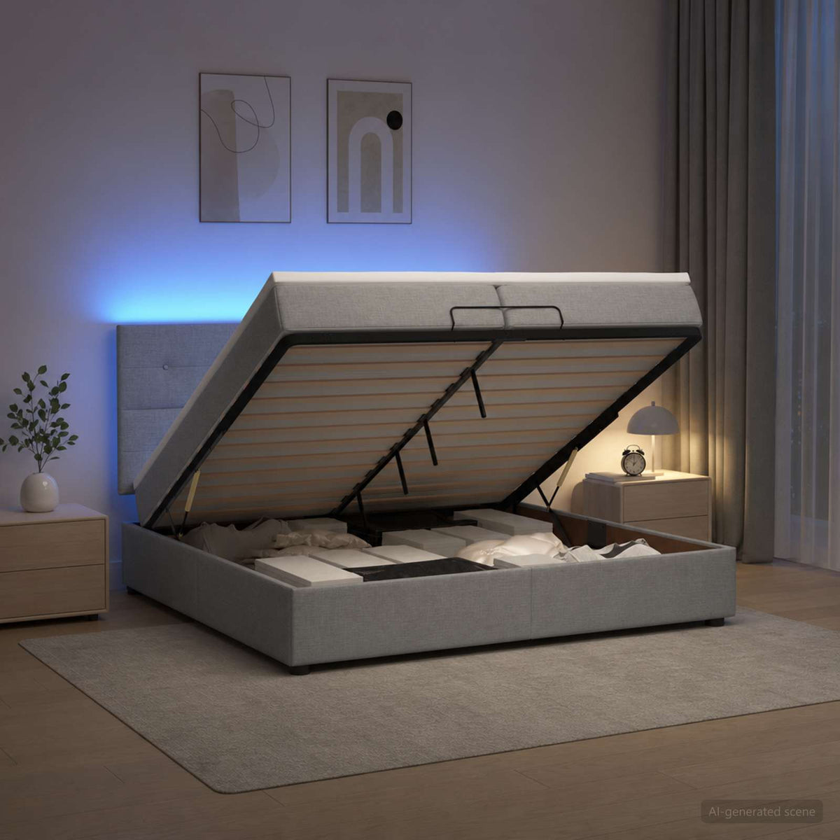 vidaXL Łóżko z pojemnikiem i materacem LED jasnoszary 200 x 200 cm