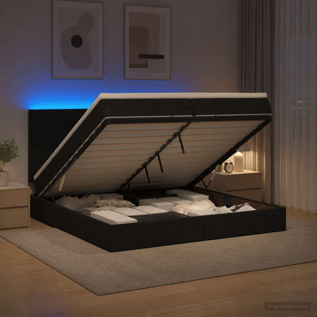 vidaXL Łóżko z pojemnikiem i materacem LED Czarny 200 x 200 cm tkanina