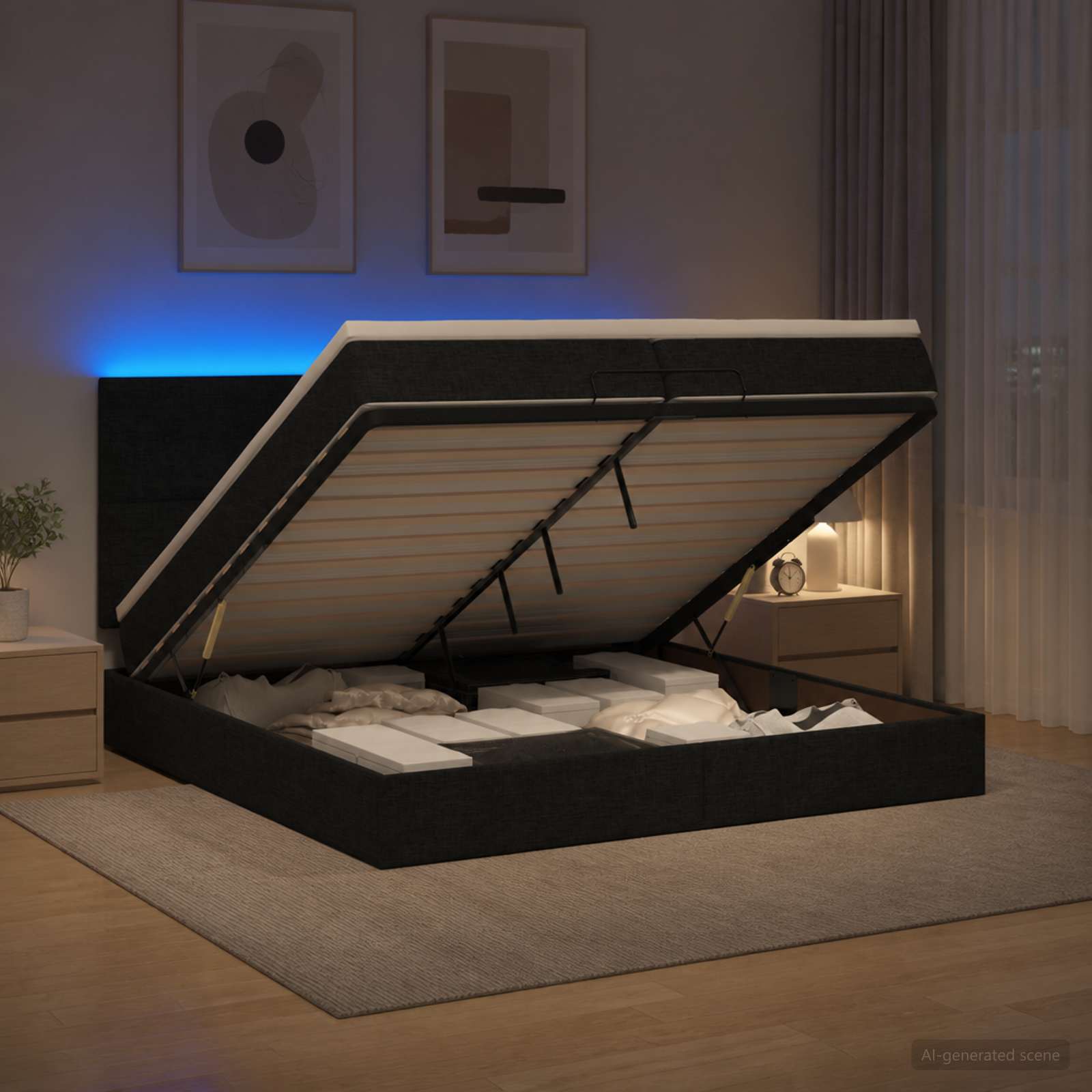 vidaXL Łóżko z pojemnikiem i materacem LED Czarny 200 x 200 cm tkanina