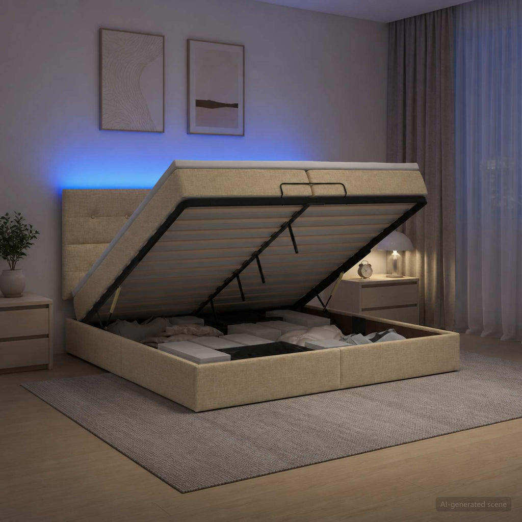 vidaXL Łóżko z pojemnikiem i materacem LED kremowy 200 x 200 cm