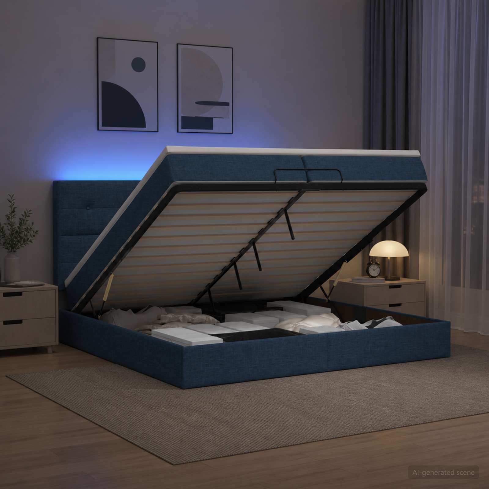vidaXL Łóżko z pojemnikiem i materacem LED niebieski 200 x 200 cm