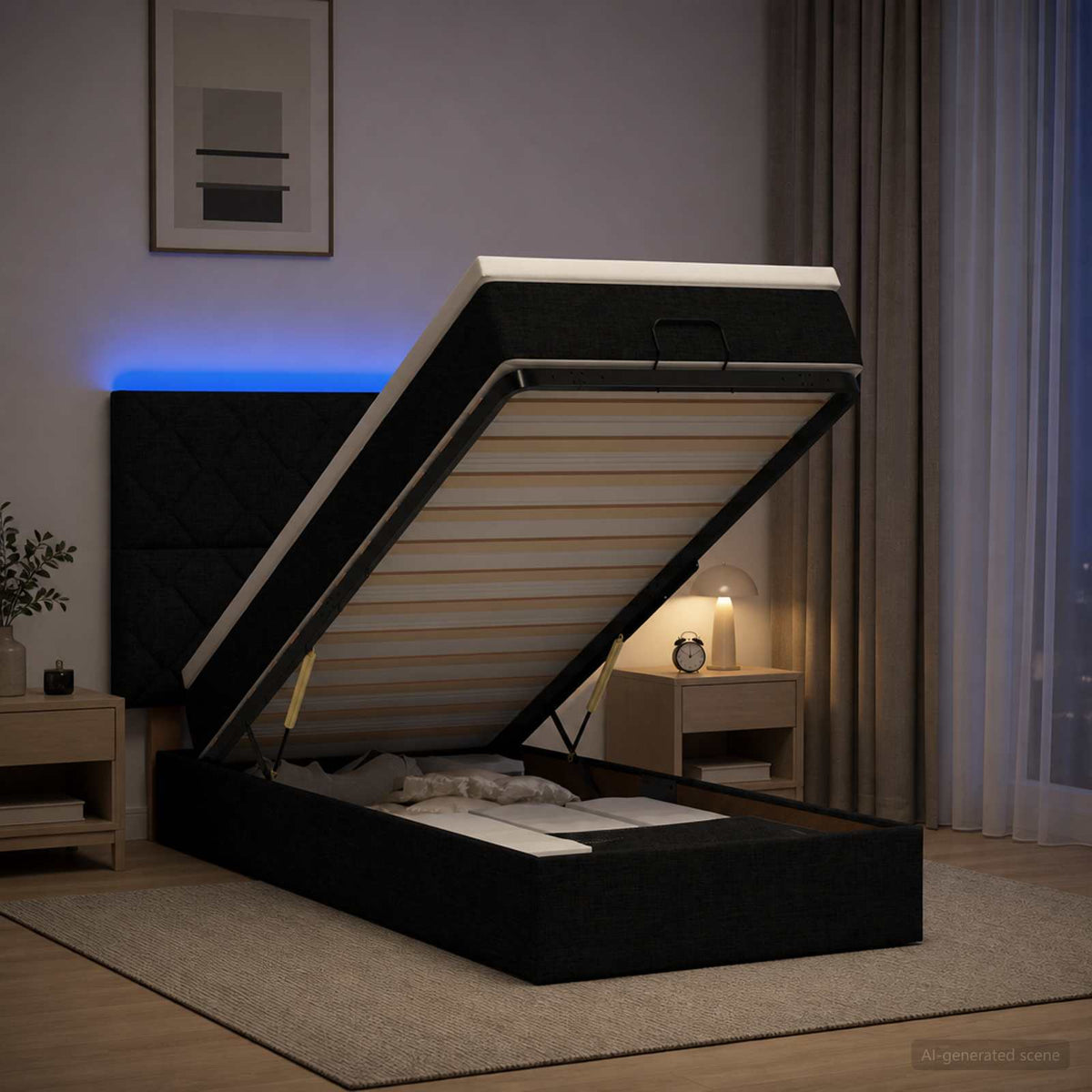 vidaXL Łóżko z pojemnikiem i materacem LED Czarny 90 x 200 cm tkanina