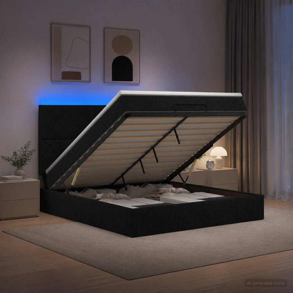 vidaXL Łóżko z pojemnikiem i materacem LED Czarny 180 x 200 cm tkanina