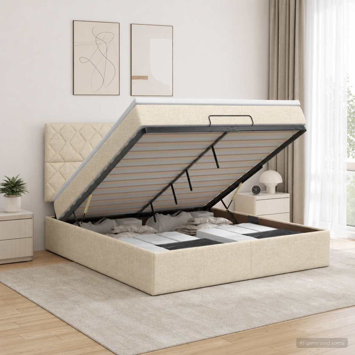 vidaXL Łóżko ottoman z materacem kremowy 180 x 200 cm tkanina