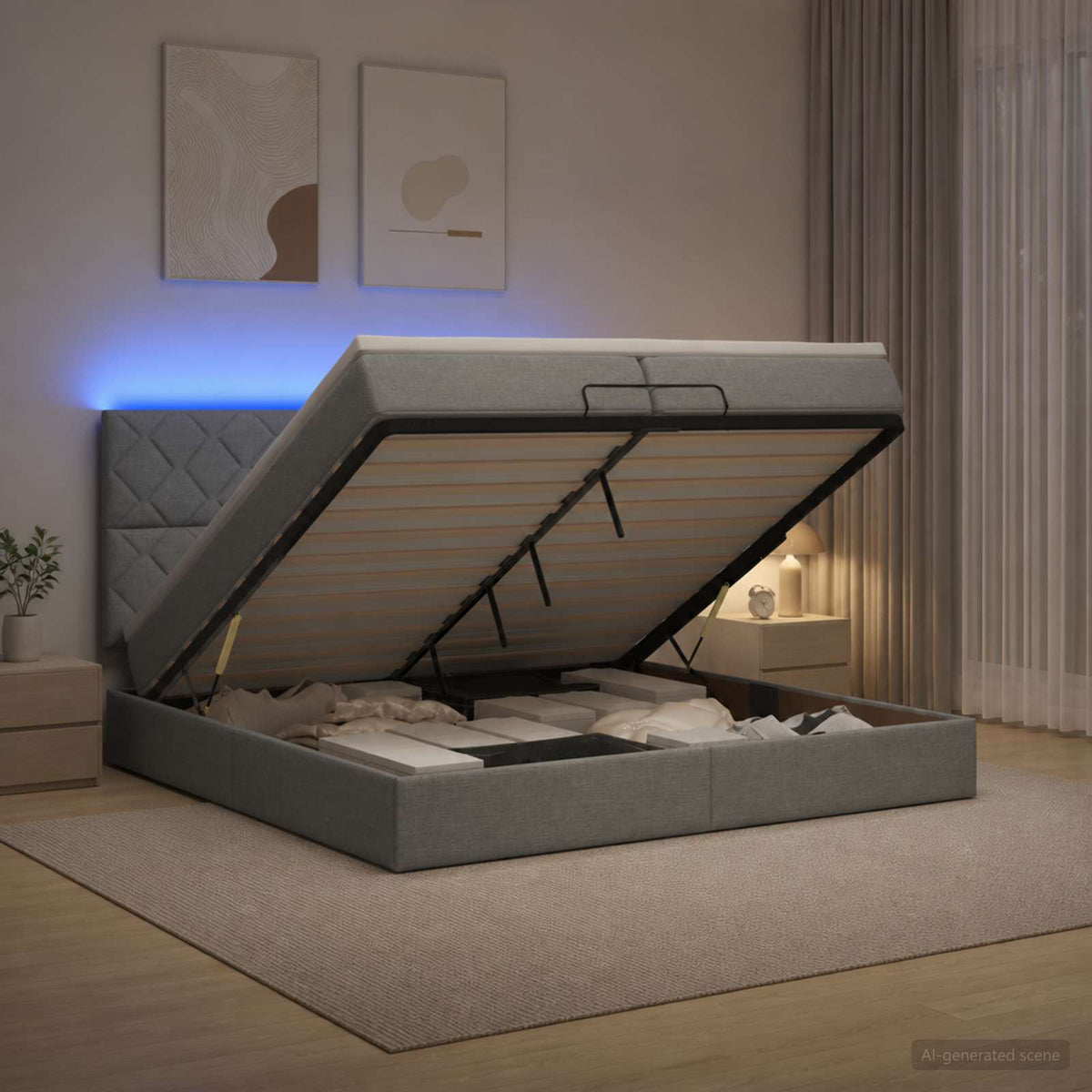 vidaXL Łóżko z pojemnikiem i materacem LED jasnoszary 200 x 200 cm