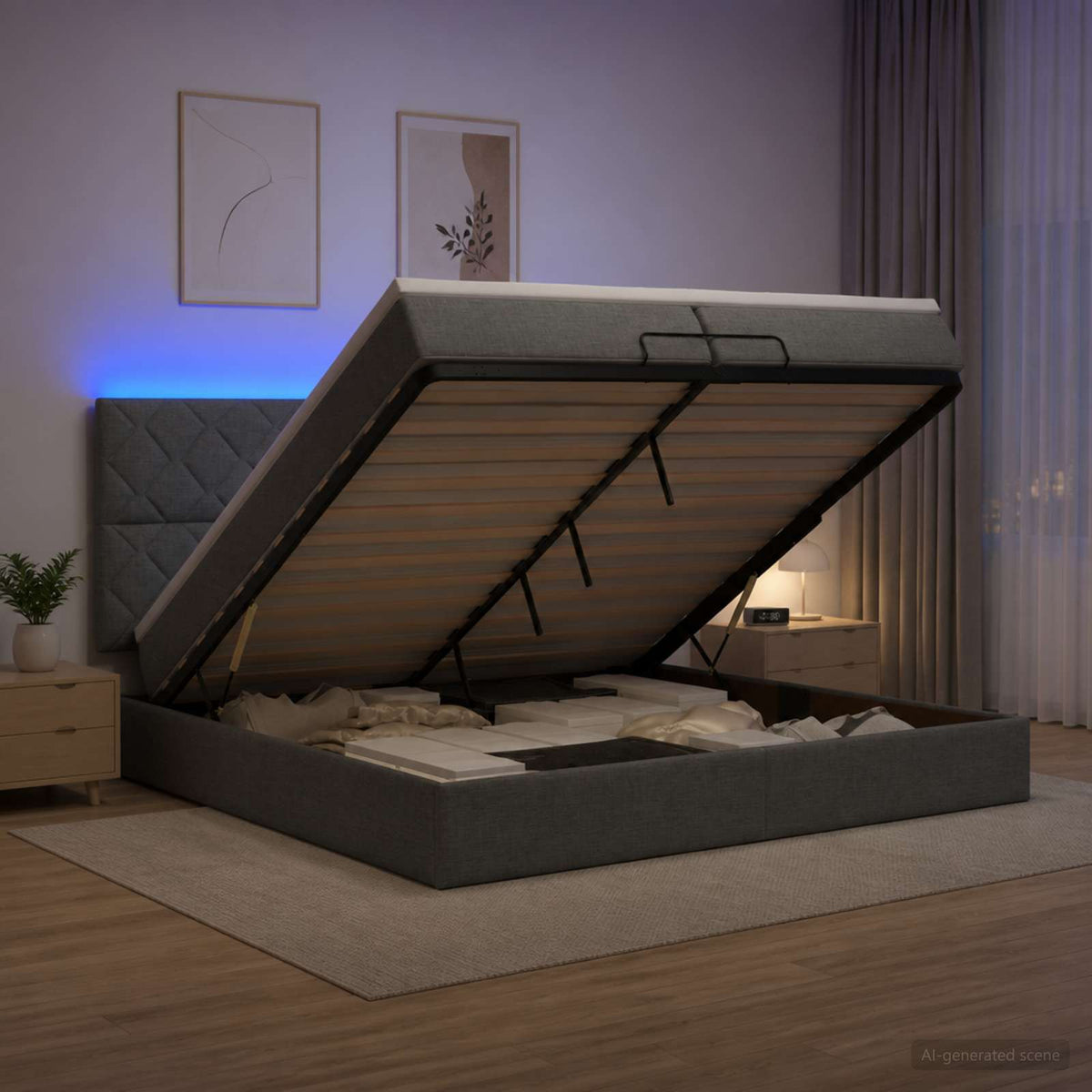 vidaXL Łóżko z pojemnikiem i materacem LED ciemnoszary 200 x 200 cm