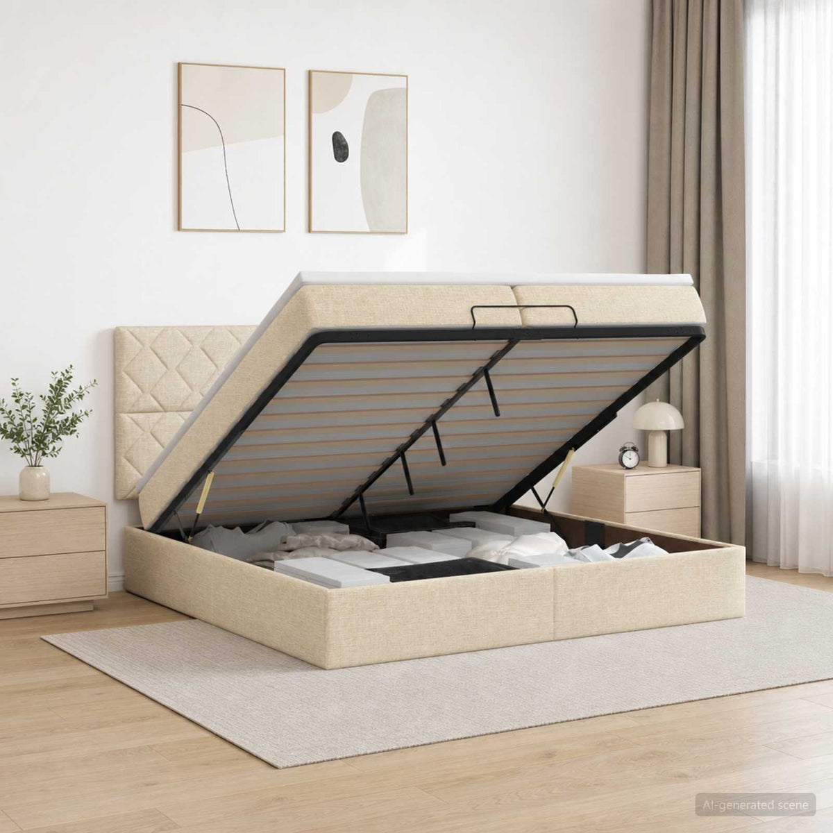 vidaXL Łóżko z pojemnikiem i materacem LED kremowy 200 x 200 cm