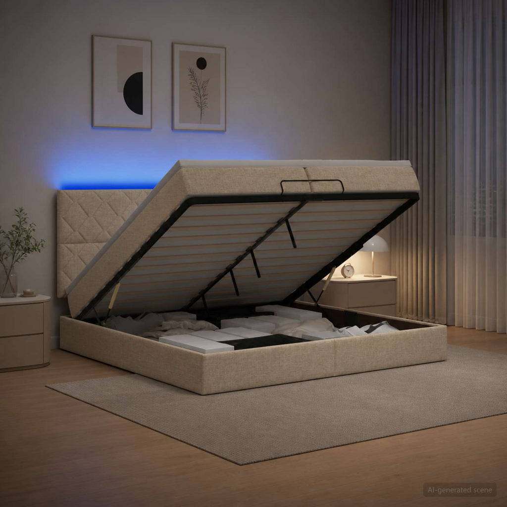 vidaXL Łóżko z pojemnikiem i materacem LED kremowy 200 x 200 cm
