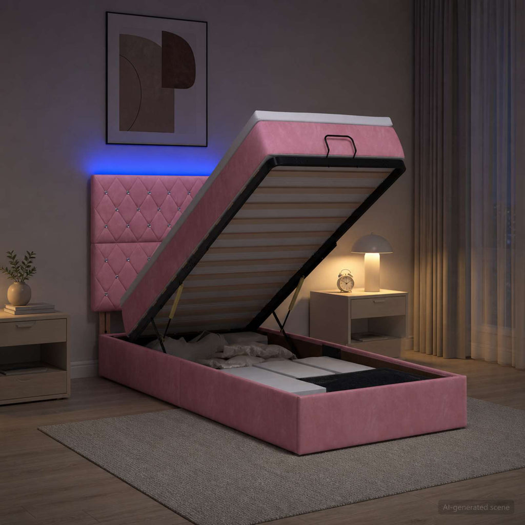 vidaXL Łóżko z pojemnikiem i materacem LED różowy 90 x 200 cm Welur