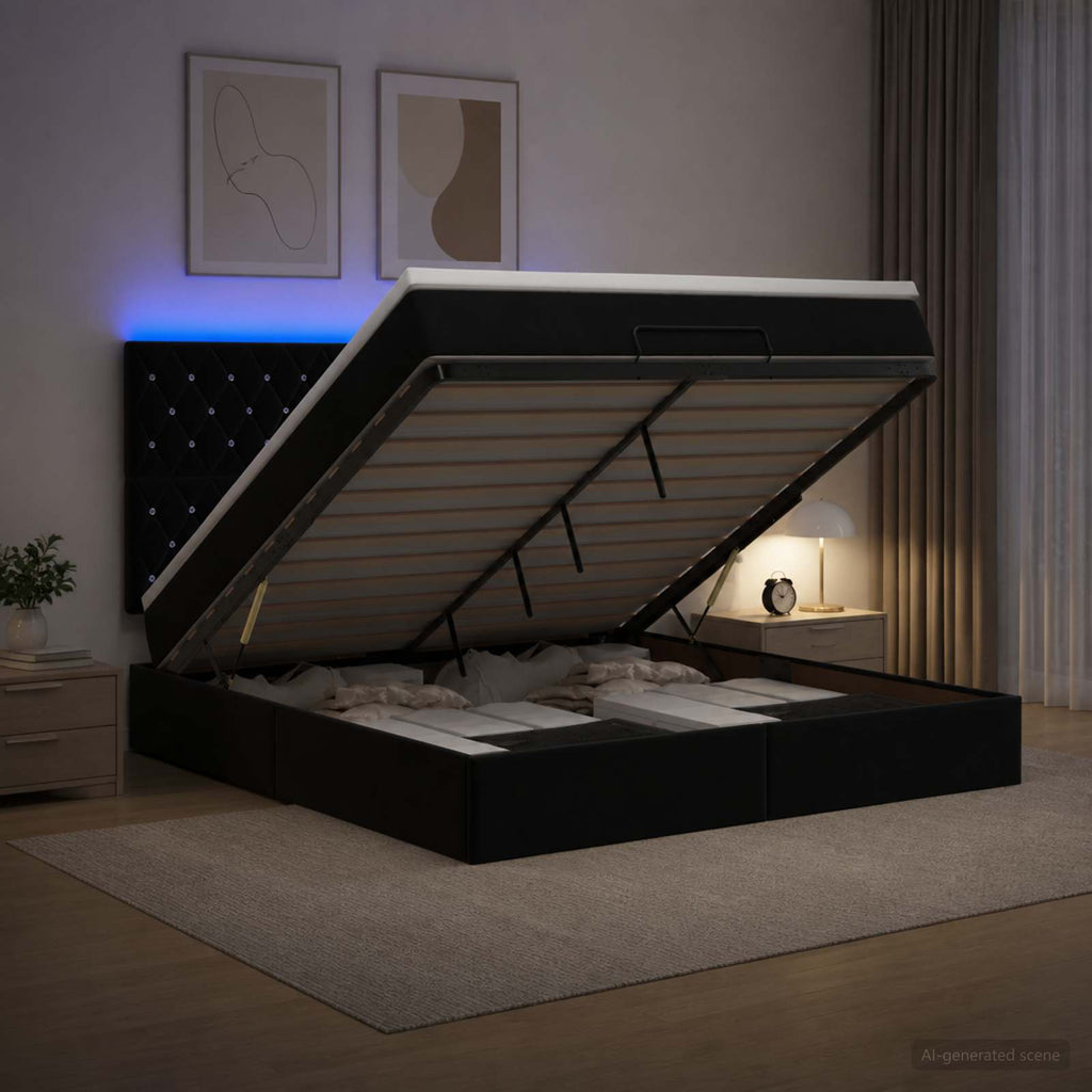 vidaXL Łóżko z pojemnikiem i materacem LED Czarny 180 x 200 cm Welur