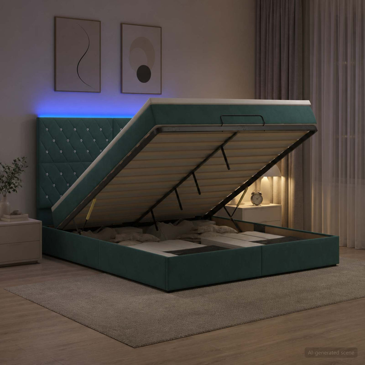 vidaXL Łóżko z pojemnikiem i materacem LED Ciemnozielony 180 x 200 cm