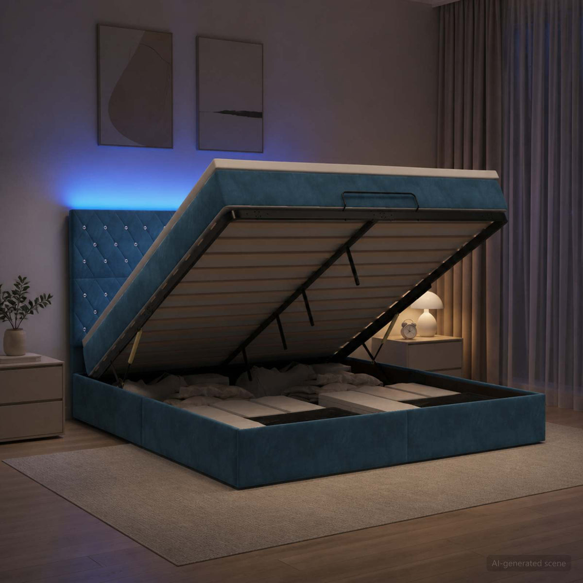 vidaXL Łóżko z pojemnikiem i materacem LED granatowy 140 x 200 cm