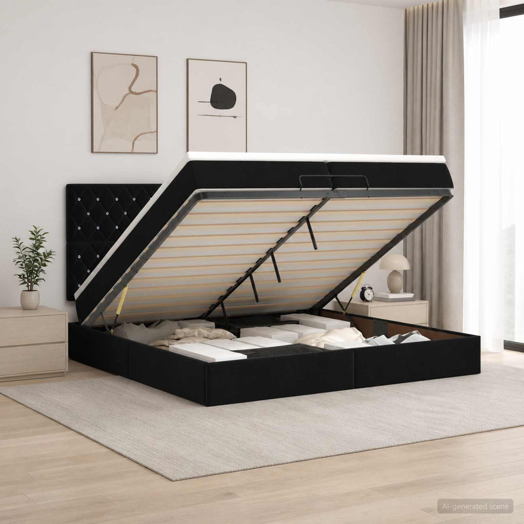 vidaXL Łóżko z pojemnikiem i materacem LED Czarny 200 x 200 cm Welur