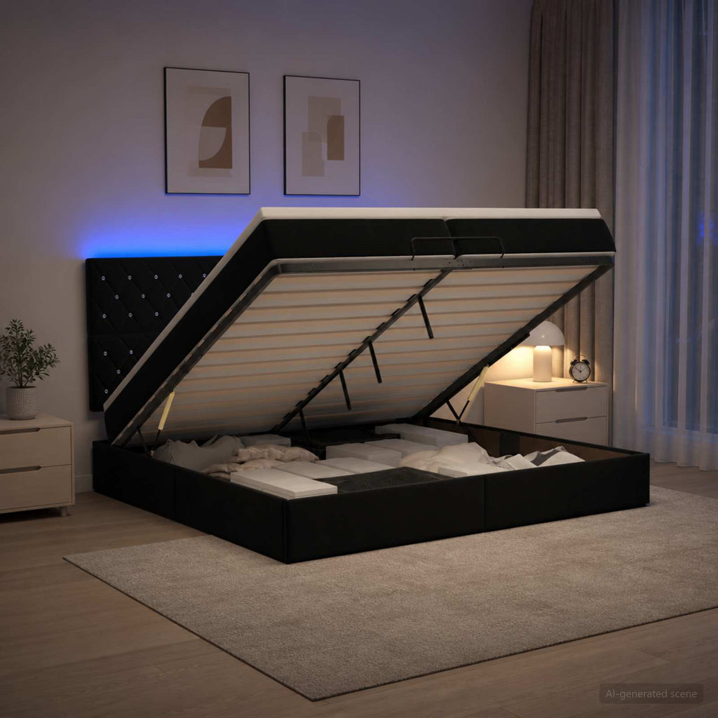 vidaXL Łóżko z pojemnikiem i materacem LED Czarny 200 x 200 cm Welur