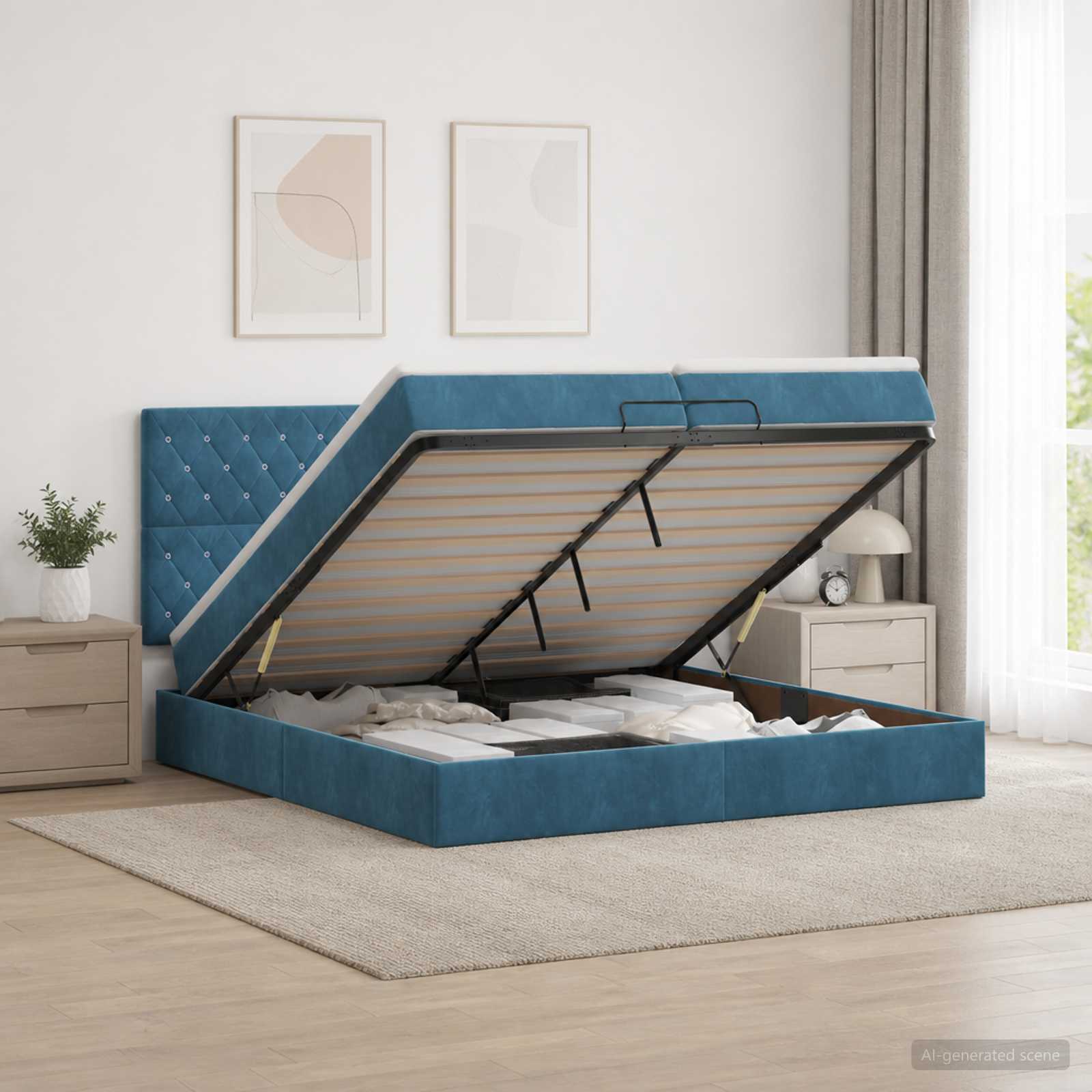 vidaXL Łóżko z pojemnikiem i materacem LED granatowy 200 x 200 cm