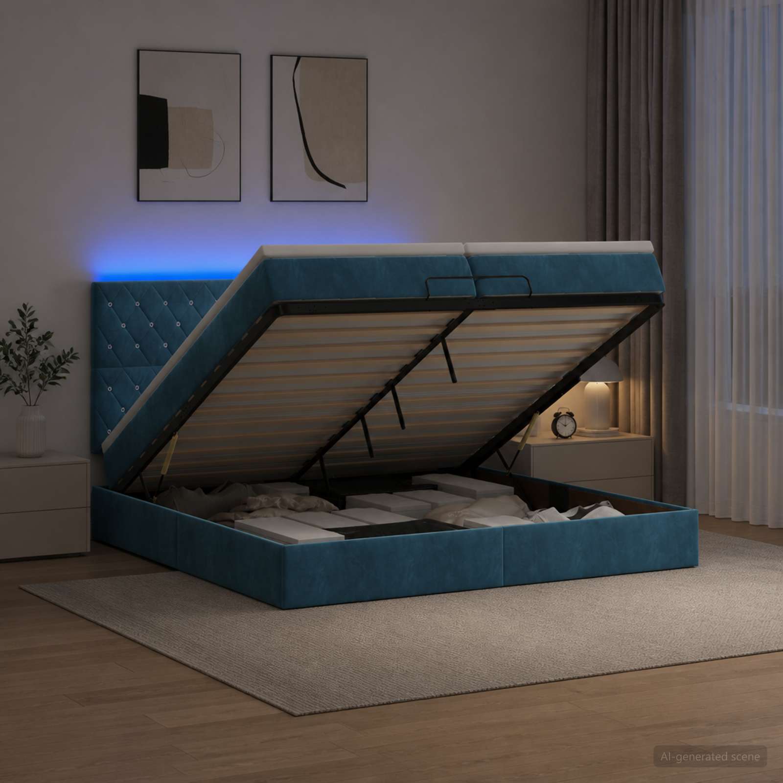 vidaXL Łóżko z pojemnikiem i materacem LED granatowy 200 x 200 cm