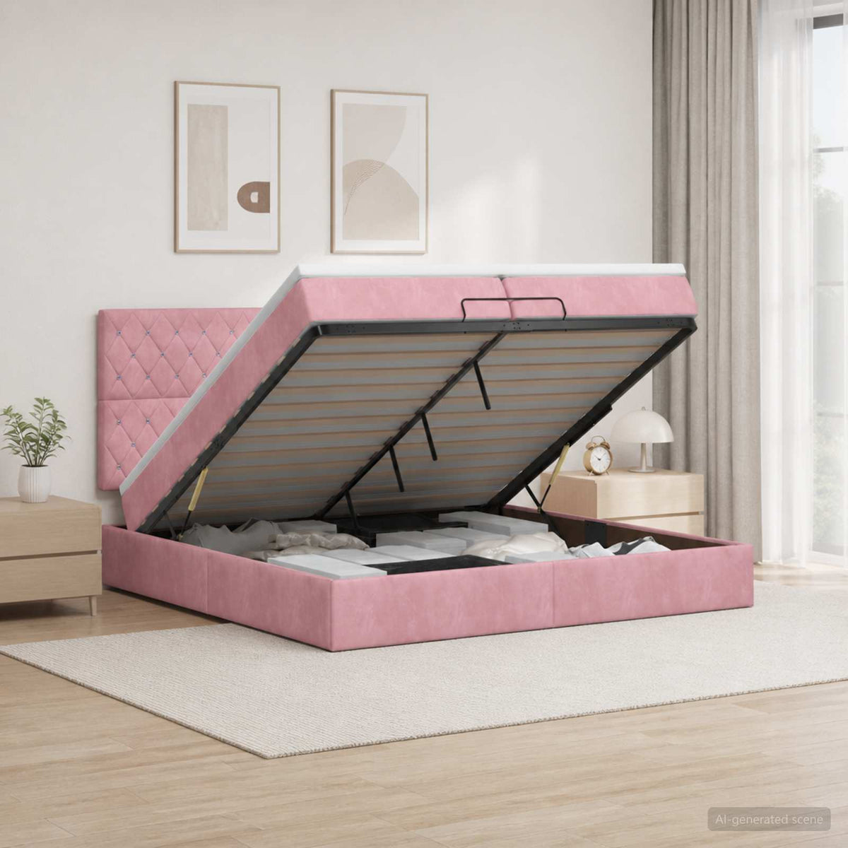 vidaXL Łóżko z pojemnikiem i materacem LED różowy 200 x 200 cm Welur