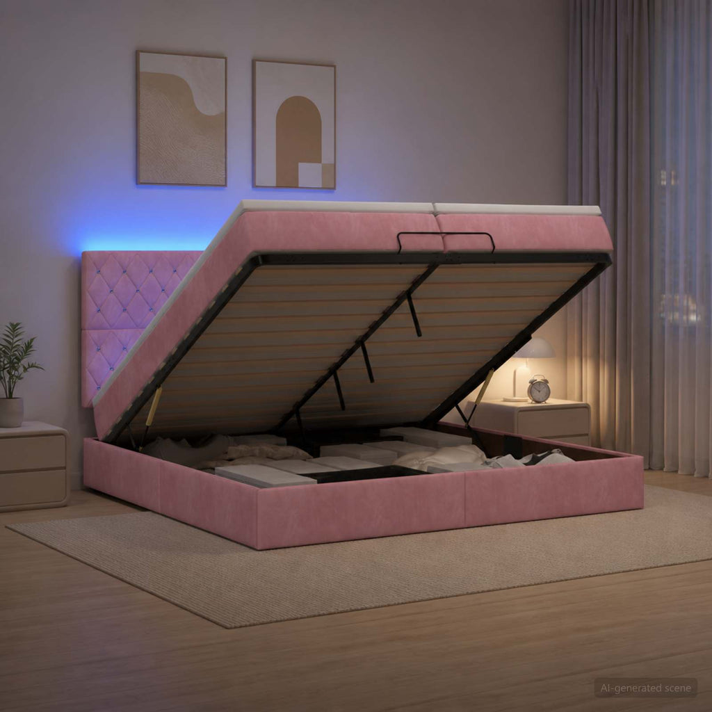 vidaXL Łóżko z pojemnikiem i materacem LED różowy 200 x 200 cm Welur