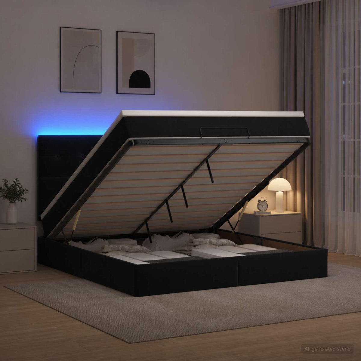 vidaXL Łóżko z pojemnikiem i materacem LED Czarny 160 x 200 cm Welur