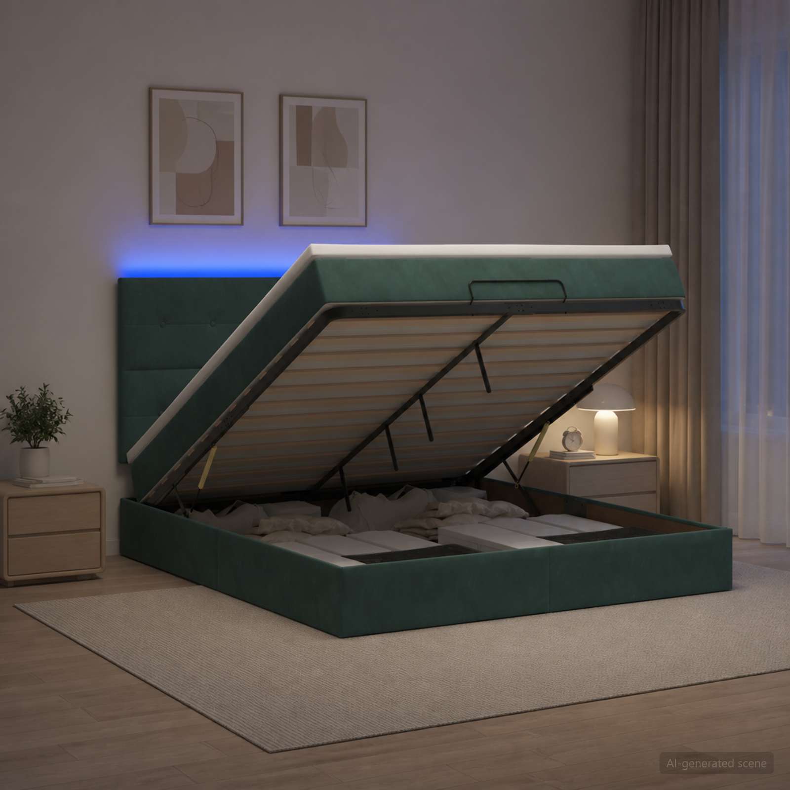 vidaXL Łóżko z pojemnikiem i materacem LED Ciemnozielony 160 x 200 cm