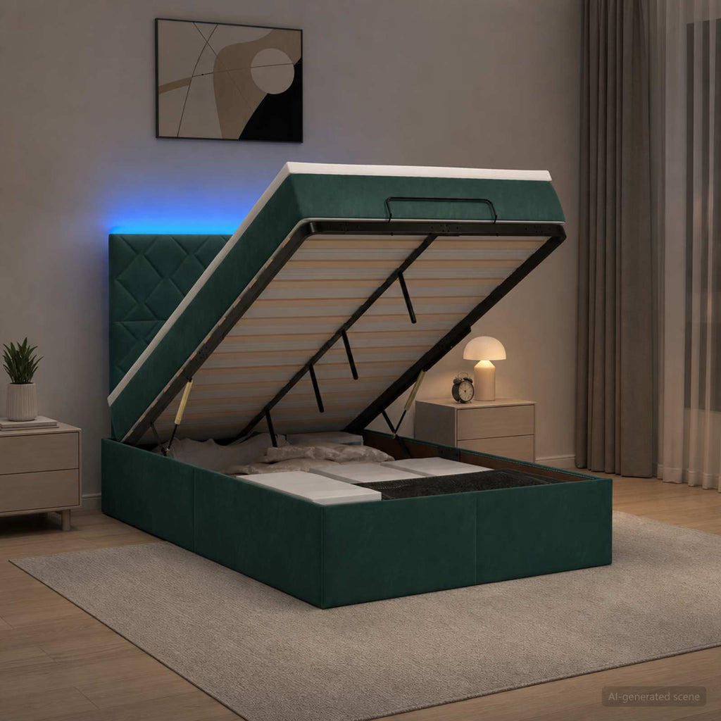 vidaXL Łóżko z pojemnikiem i materacem LED Ciemnozielony 120 x 190 cm