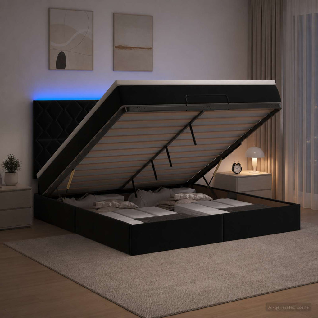 vidaXL Łóżko z pojemnikiem i materacem LED Czarny 140 x 200 cm Welur