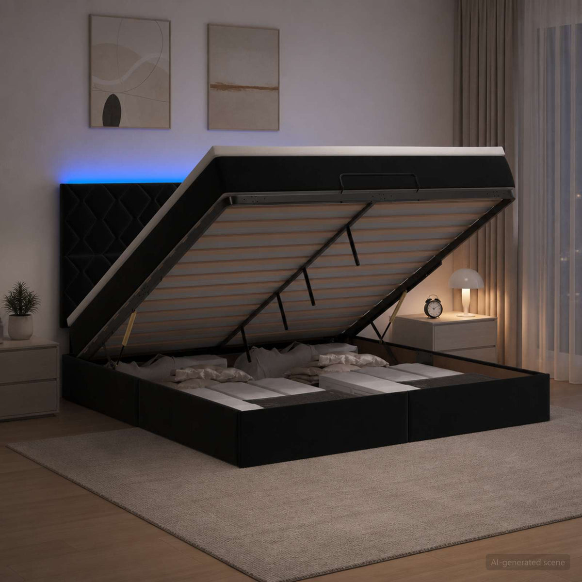 vidaXL Łóżko z pojemnikiem i materacem LED Czarny 180 x 200 cm Welur
