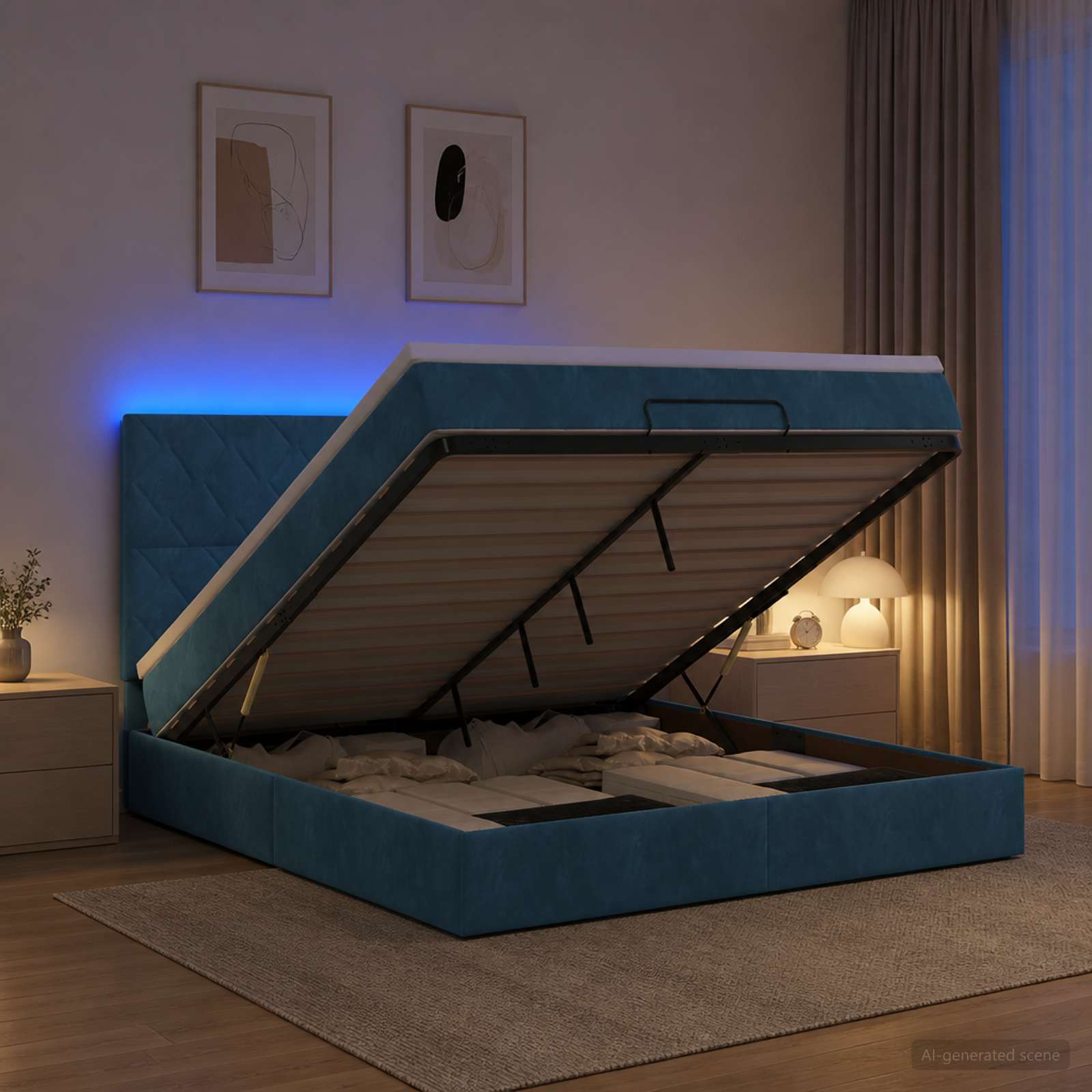 vidaXL Łóżko z pojemnikiem i materacem LED granatowy 180 x 200 cm