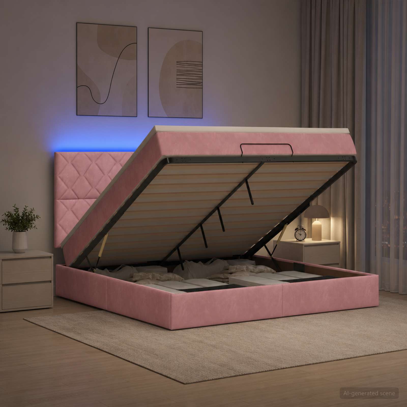 vidaXL Łóżko z pojemnikiem i materacem LED różowy 140 x 190 cm Welur