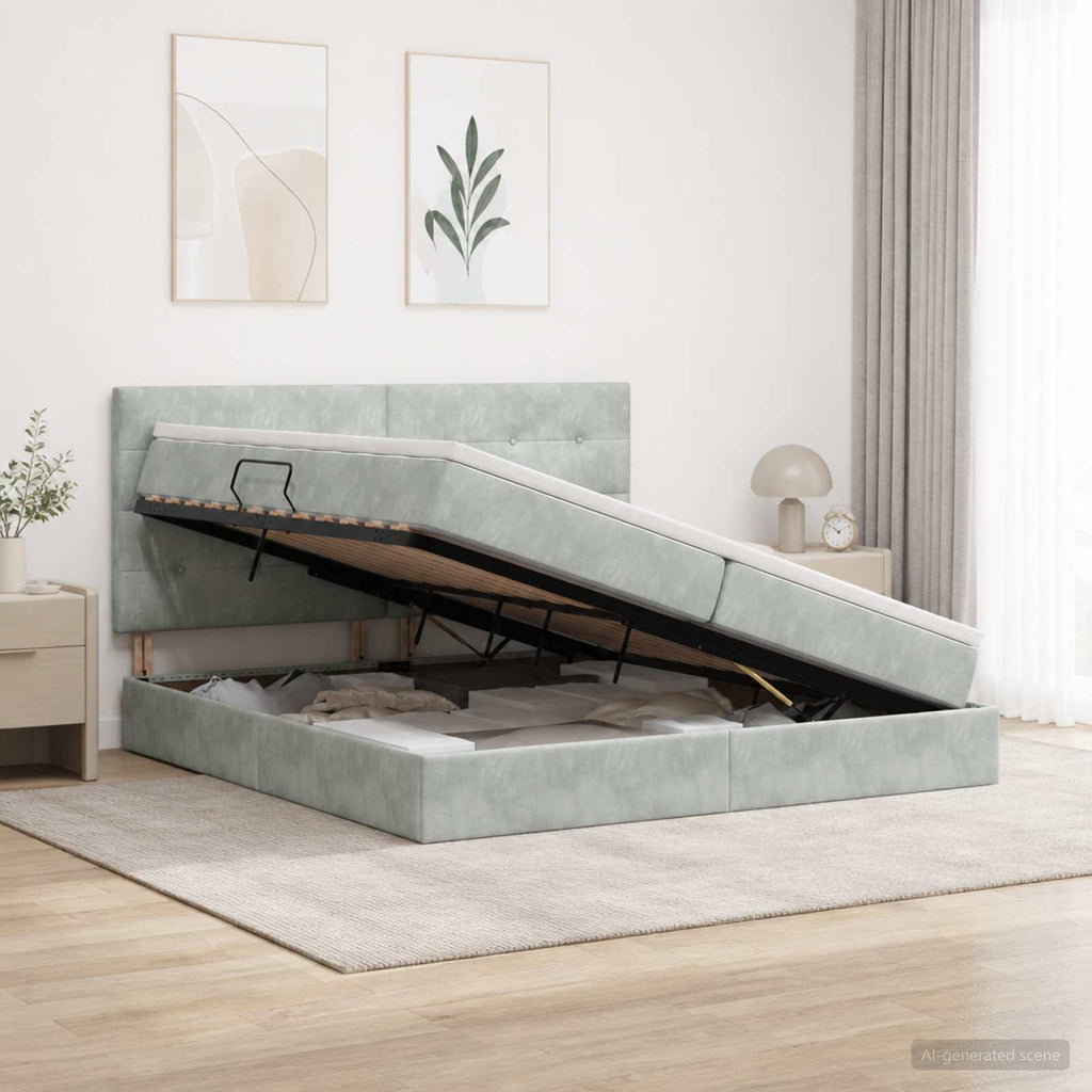 vidaXL Łóżko z pojemnikiem i materacem LED jasnoszary 200 x 200 cm