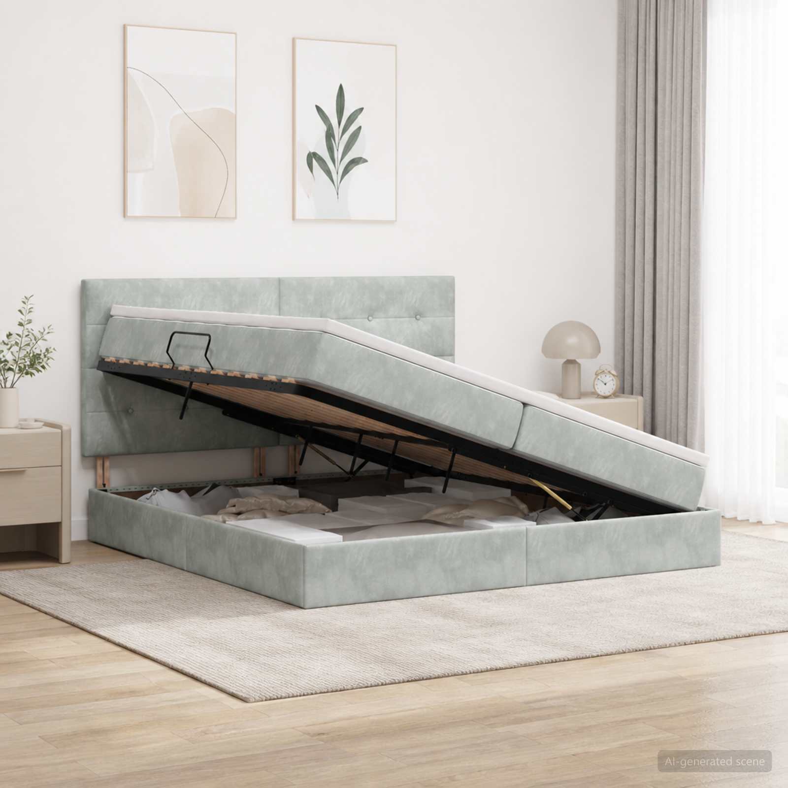 vidaXL Łóżko z pojemnikiem i materacem LED jasnoszary 200 x 200 cm