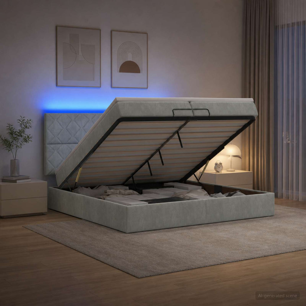 vidaXL Łóżko z pojemnikiem i materacem LED jasnoszary 200 x 200 cm
