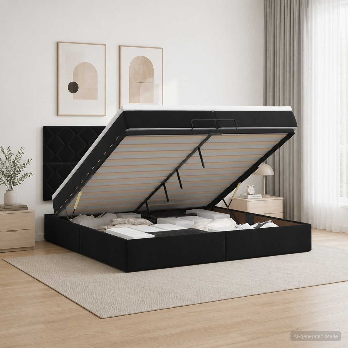 vidaXL Łóżko z pojemnikiem i materacem LED Czarny 200 x 200 cm Welur