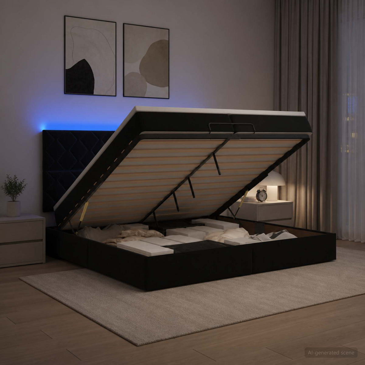 vidaXL Łóżko z pojemnikiem i materacem LED Czarny 200 x 200 cm Welur