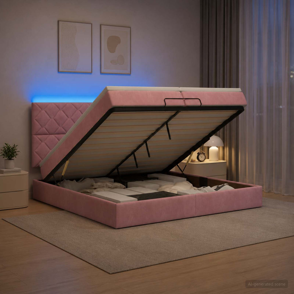 vidaXL Łóżko z pojemnikiem i materacem LED różowy 200 x 200 cm Welur