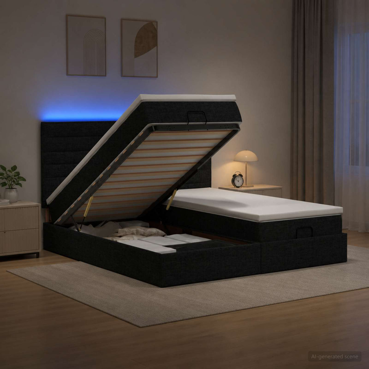 vidaXL Łóżko z pojemnikiem i materacem LED Czarny 200 x 200 cm tkanina