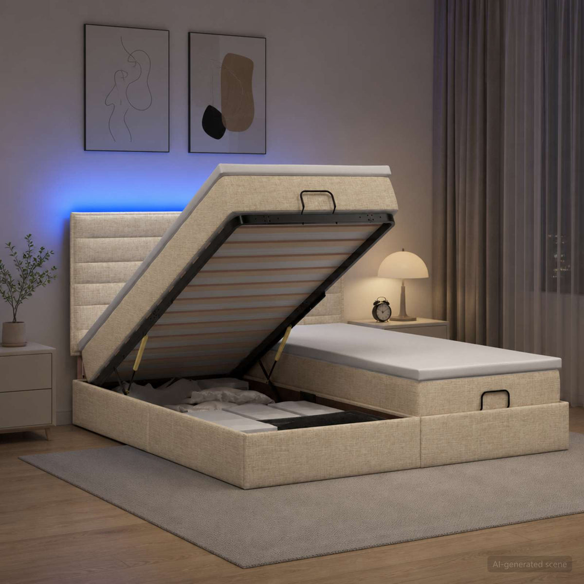 vidaXL Łóżko z pojemnikiem i materacem LED kremowy 200 x 200 cm