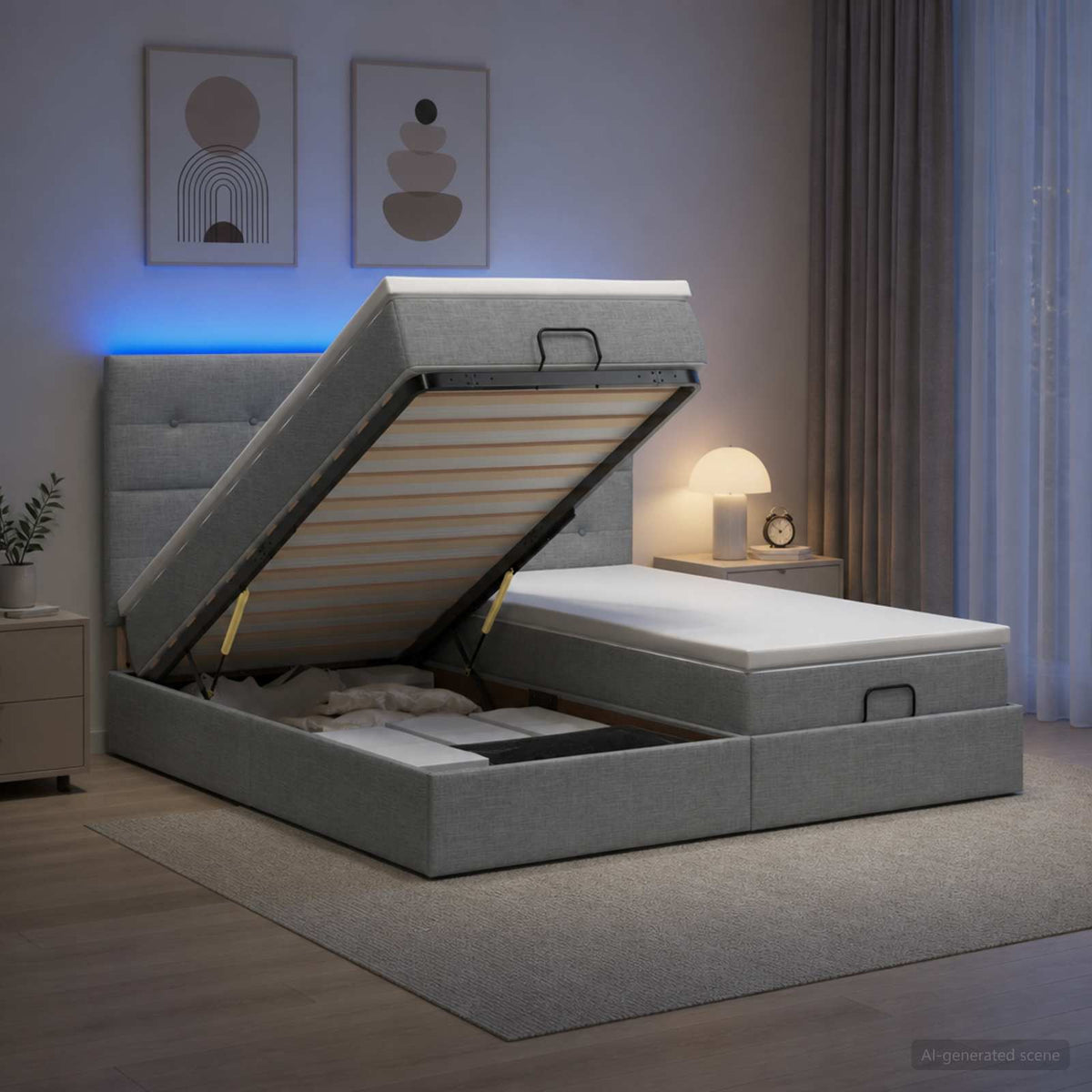 vidaXL Łóżko z pojemnikiem i materacem LED jasnoszary 200 x 200 cm