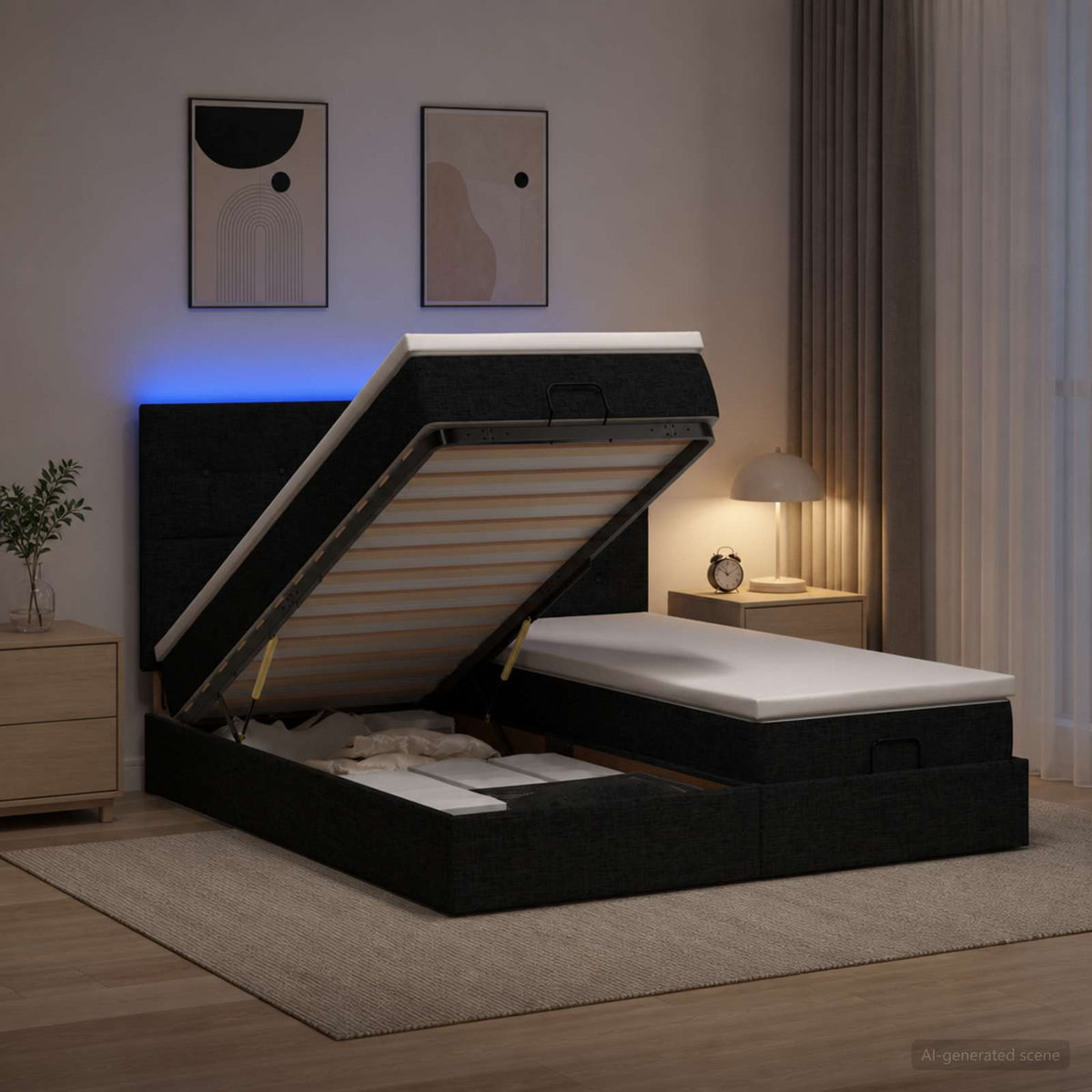 vidaXL Łóżko z pojemnikiem i materacem LED Czarny 200 x 200 cm tkanina