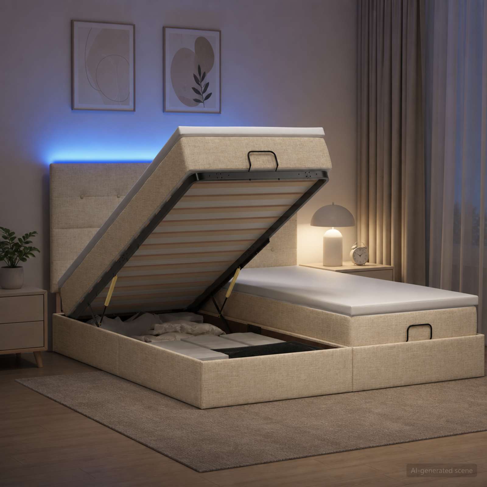 vidaXL Łóżko z pojemnikiem i materacem LED kremowy 200 x 200 cm