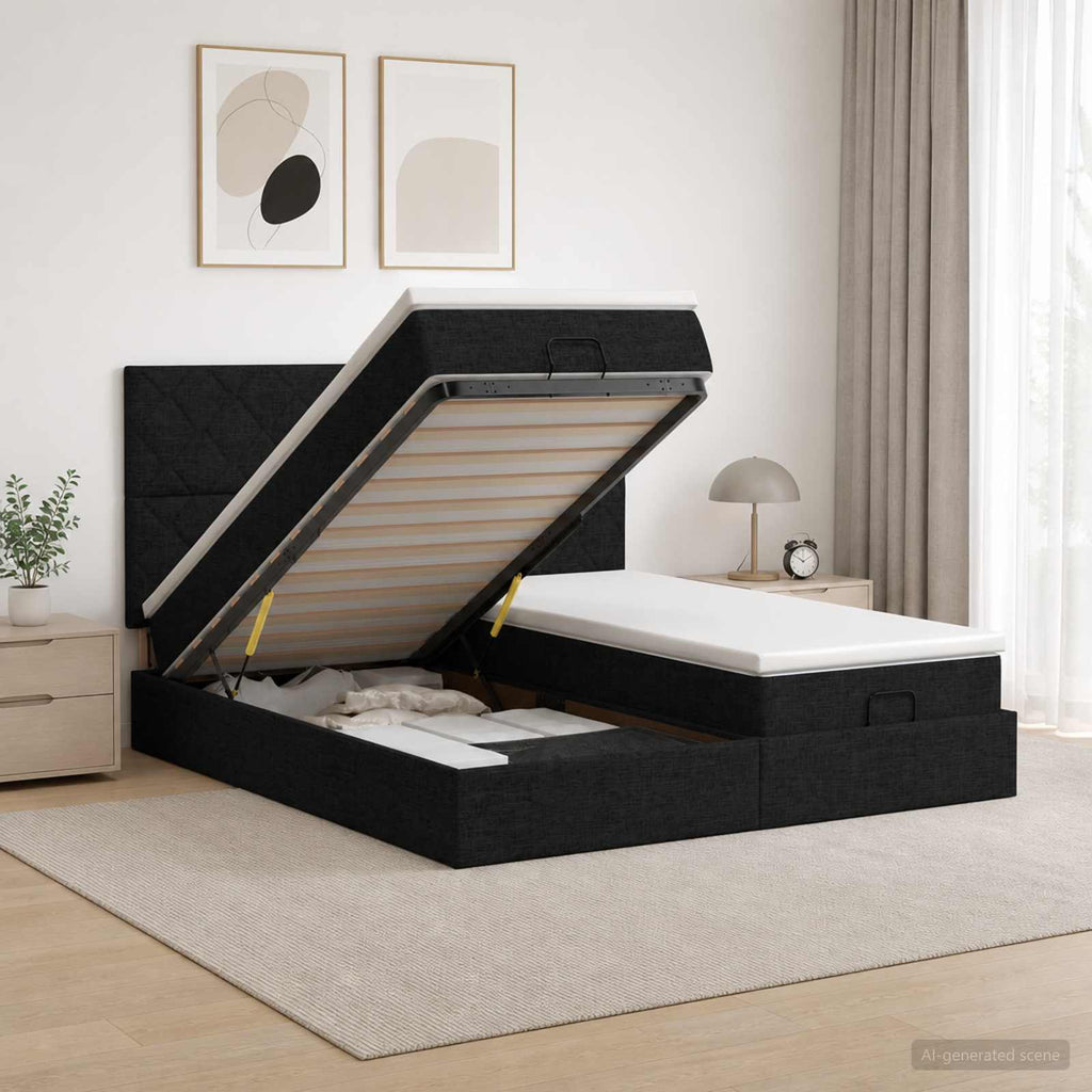 vidaXL Łóżko z pojemnikiem i materacem LED Czarny 160 x 200 cm tkanina