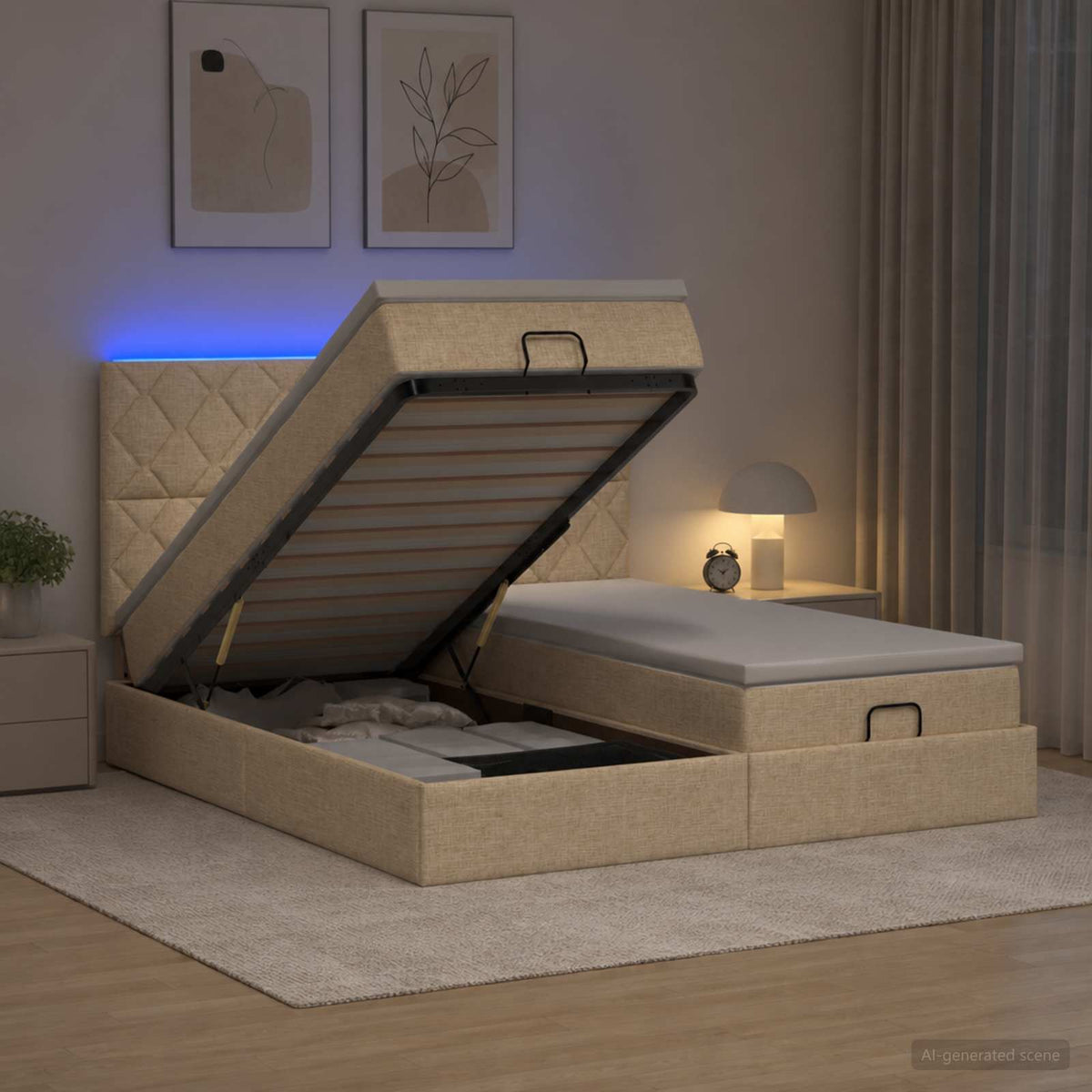 vidaXL Łóżko z pojemnikiem i materacem LED kremowy 200 x 200 cm