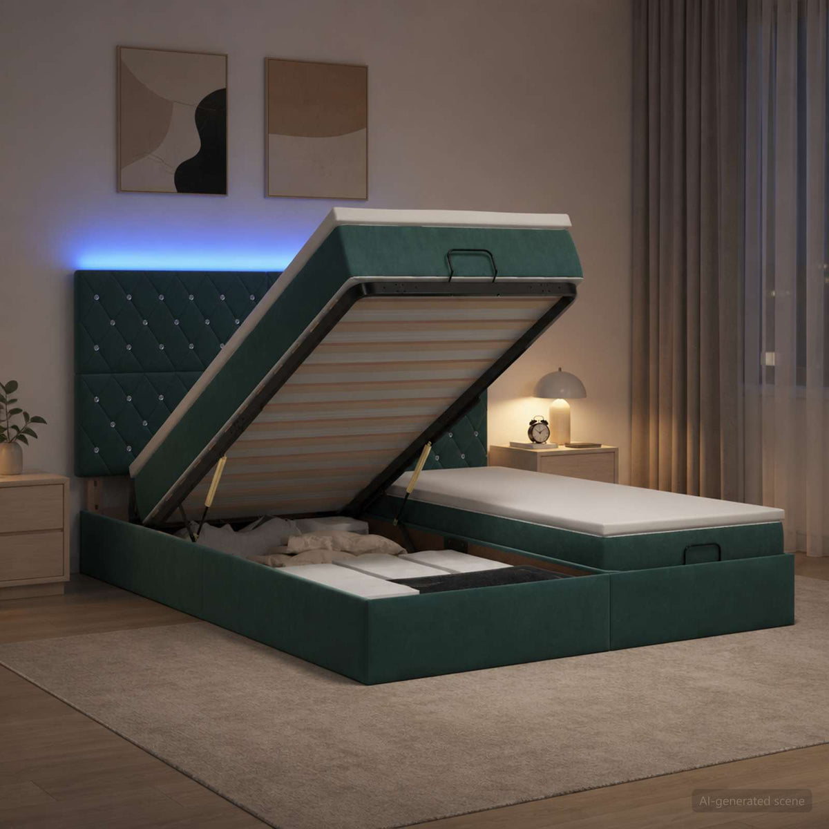 vidaXL Łóżko z pojemnikiem i materacem LED Ciemnozielony 180 x 200 cm