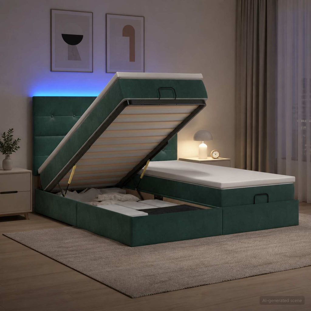 vidaXL Łóżko z pojemnikiem i materacem LED Ciemnozielony 160 x 200 cm