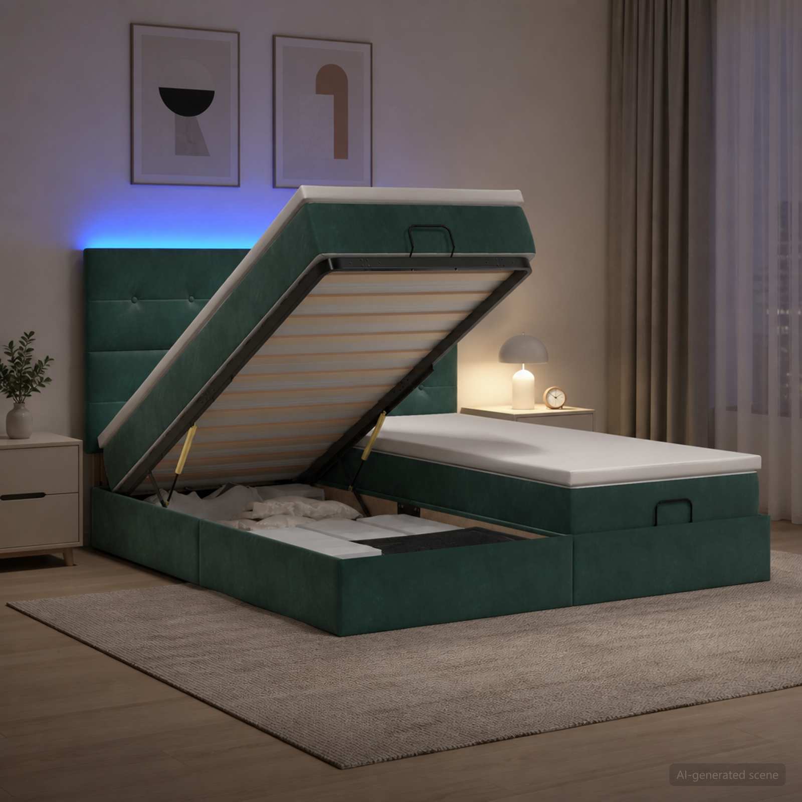vidaXL Łóżko z pojemnikiem i materacem LED Ciemnozielony 160 x 200 cm