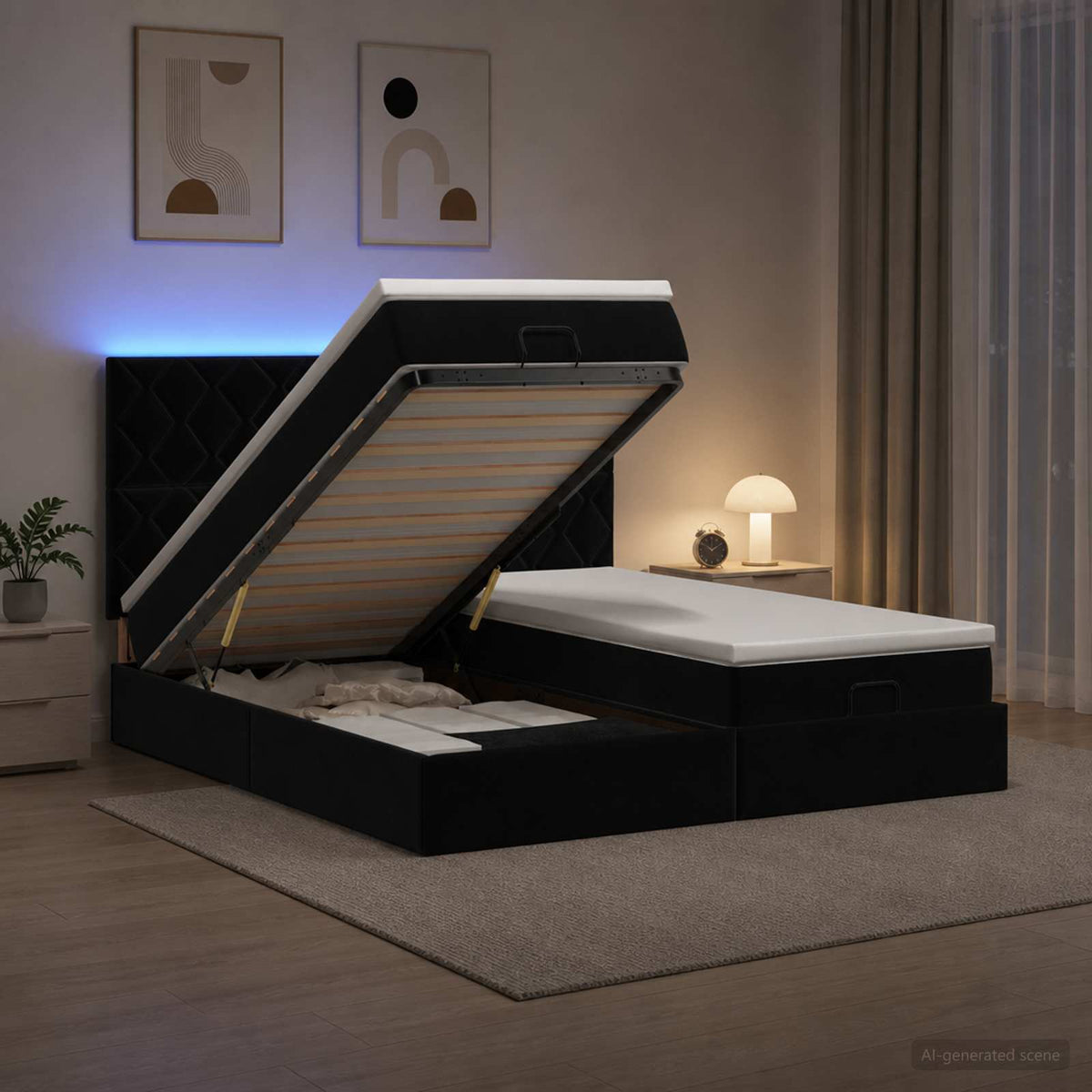 vidaXL Łóżko z pojemnikiem i materacem LED Czarny 180 x 200 cm Welur