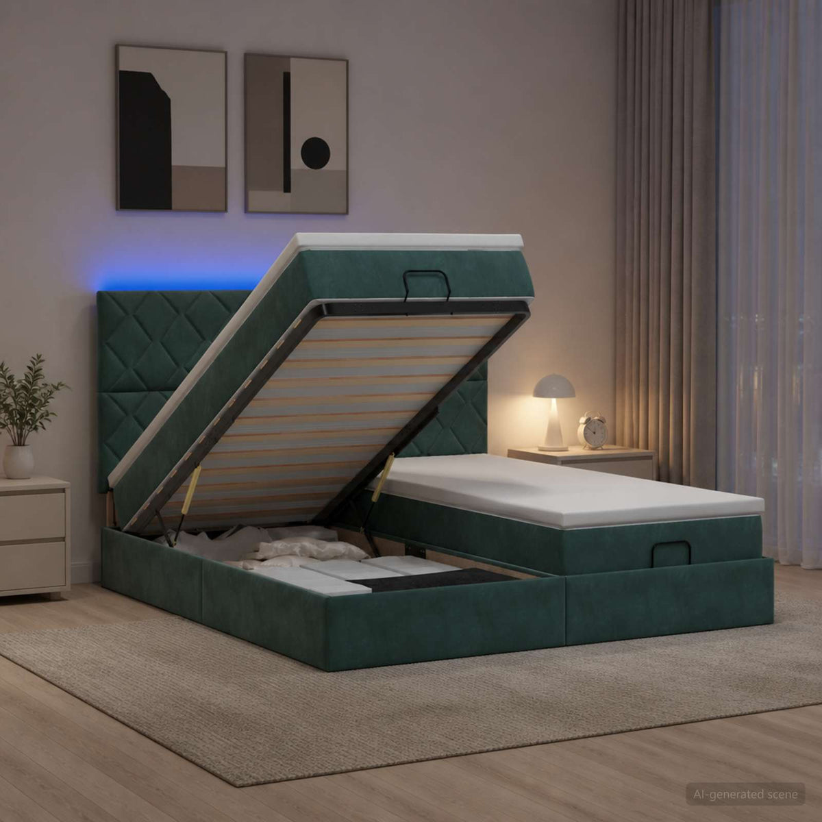 vidaXL Łóżko z pojemnikiem i materacem LED Ciemnozielony 160 x 200 cm