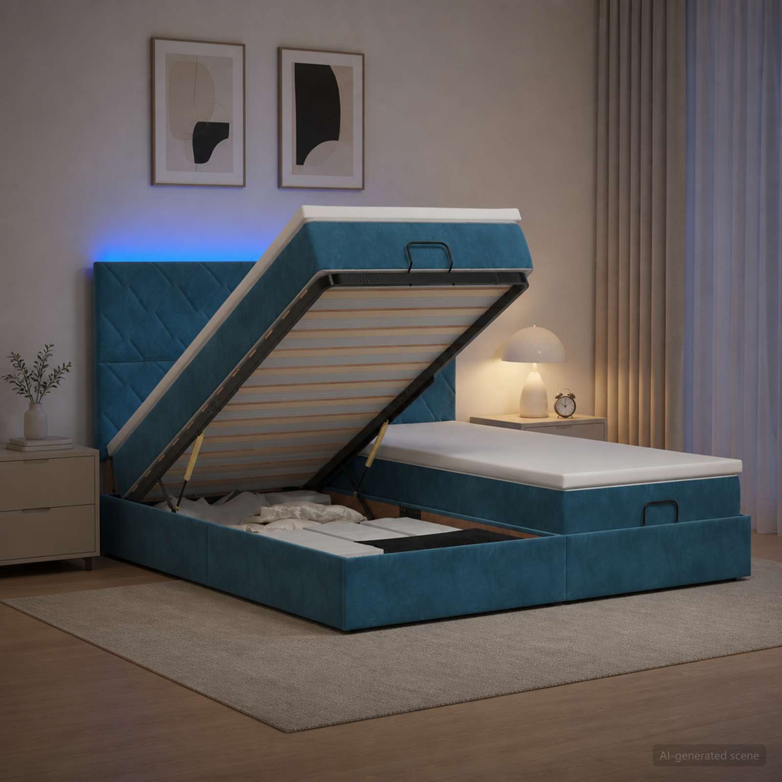 vidaXL Łóżko z pojemnikiem i materacem LED granatowy 180 x 200 cm