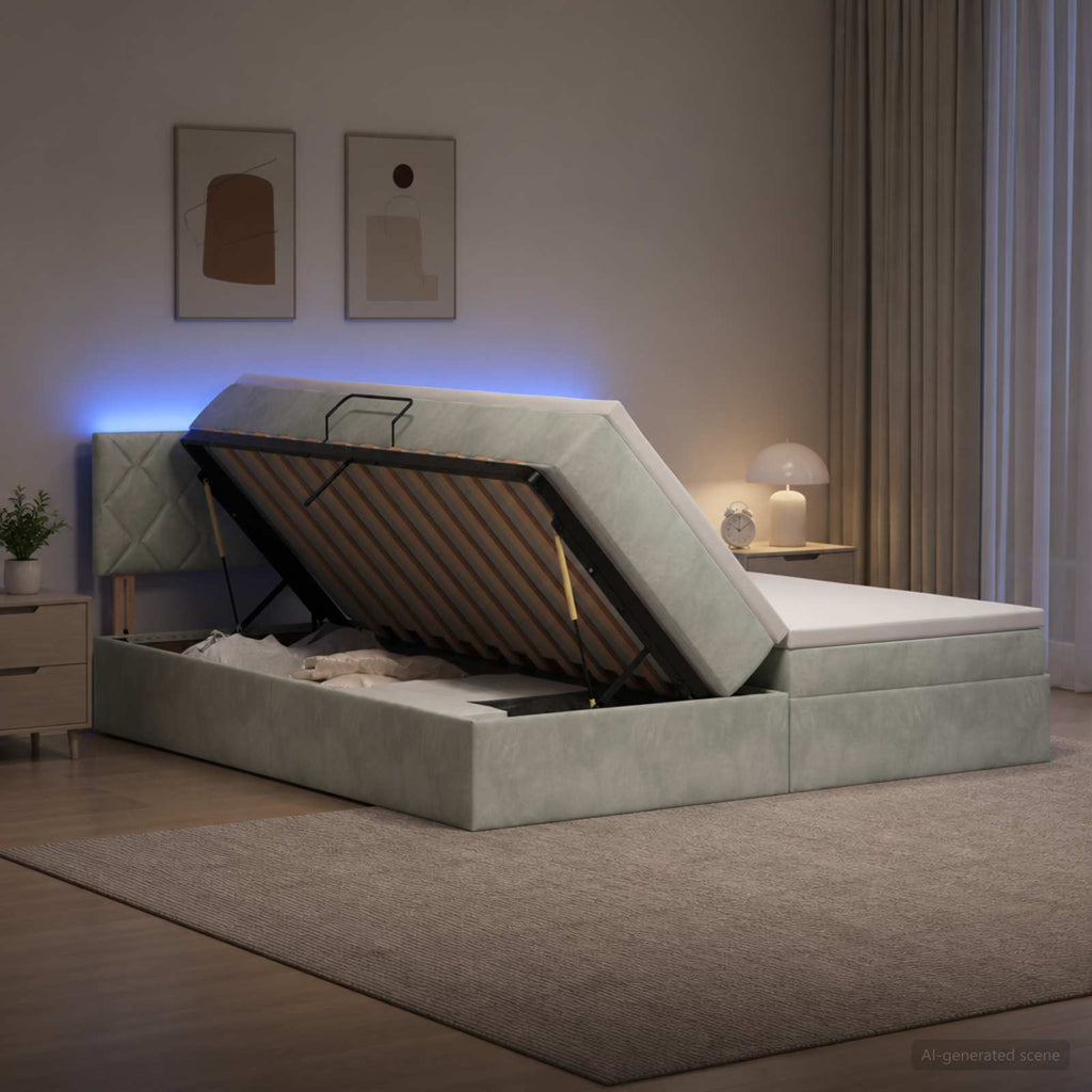 vidaXL Łóżko z funkcją przechowywania LED z materacem jasnoszary